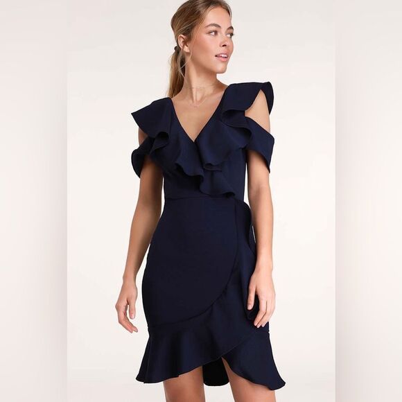 Lulus NWT Elliana Ruffled Bodycon Dress in Navy Small - Picture 1 of 7
